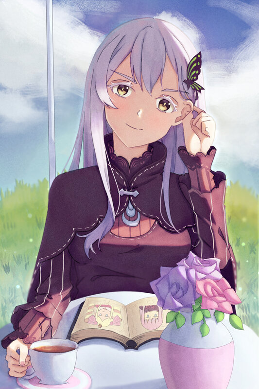 Anime Girl with Butterfly — Purple, Serene, Afternoon