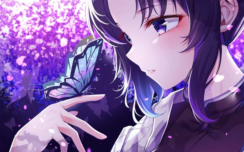 Anime Girl with Butterfly — Purple, Serene, Spring, Cherry Blossoms