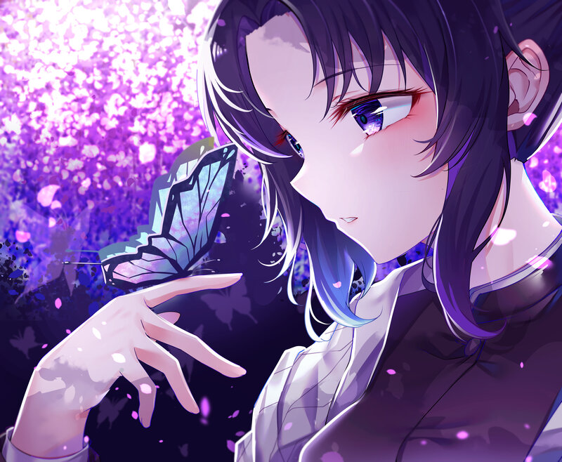 Anime Girl with Butterfly — Purple, Serene, Spring, Digital Art
