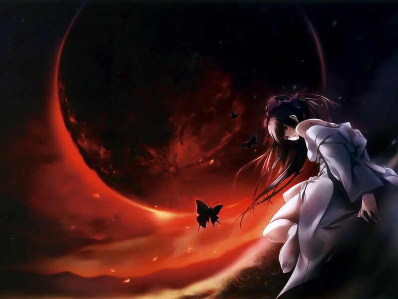 Anime Girl with Butterfly — Red, Dramatic, Night