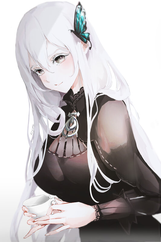 Anime Girl with Butterfly — White, Calm, Digital Art, Tea Cup