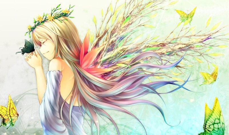 Anime Girl with Butterfly — White, Serene, Spring, Digital Art, Flower Crown