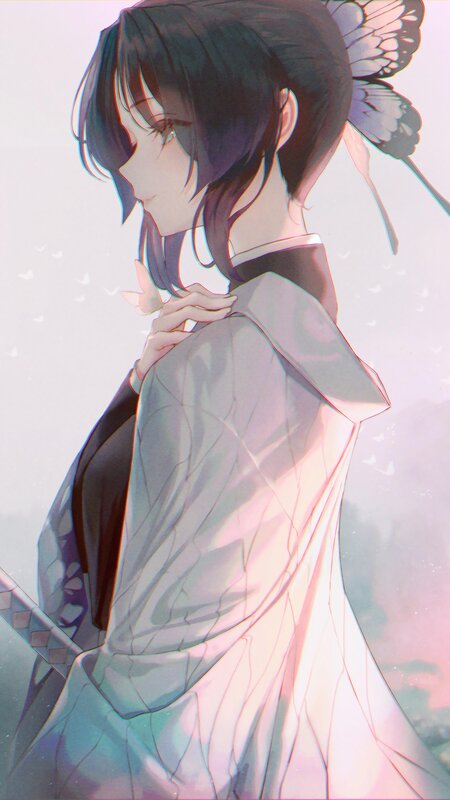 Anime Girl with Butterfly — White, Serene, Sunset, Digital Art