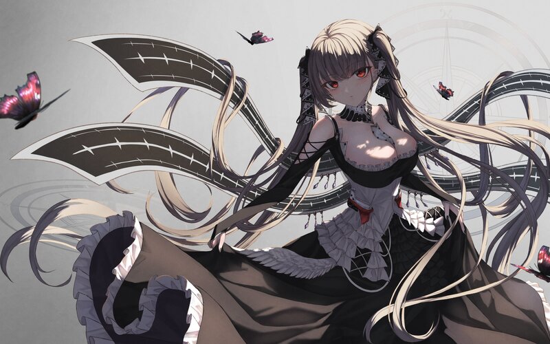 Anime Girl with Butterfly Wings — Black, Dramatic, Digital Art, Butterflies, Long Hair