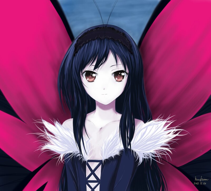 Anime Girl with Butterfly Wings — Black, Dramatic, Digital Art, Feather Collar