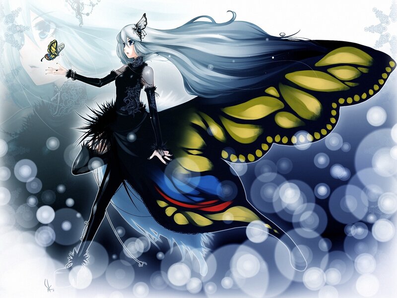 Anime Girl with Butterfly Wings — Blue, Dreamy, Digital Art
