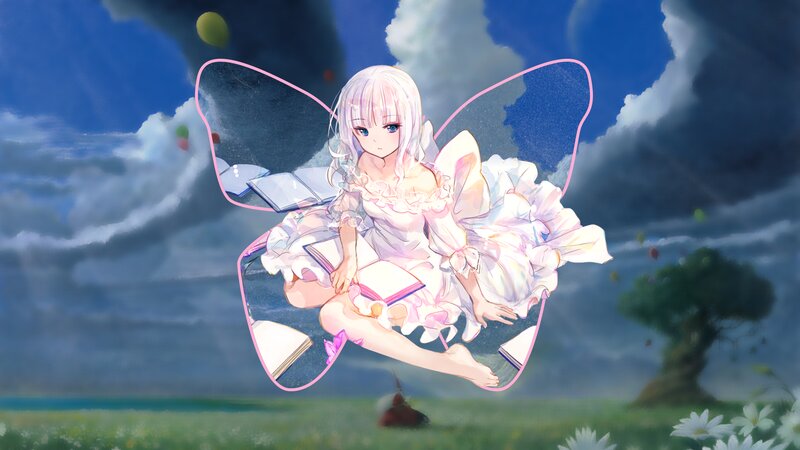 Anime Girl with Butterfly Wings — Blue, Serene, Afternoon