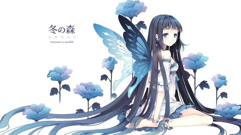 Anime Girl with Butterfly Wings — Blue, Serene, Digital Art