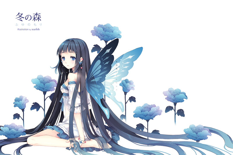 Anime Girl with Butterfly Wings — Blue, Serene, Illustration