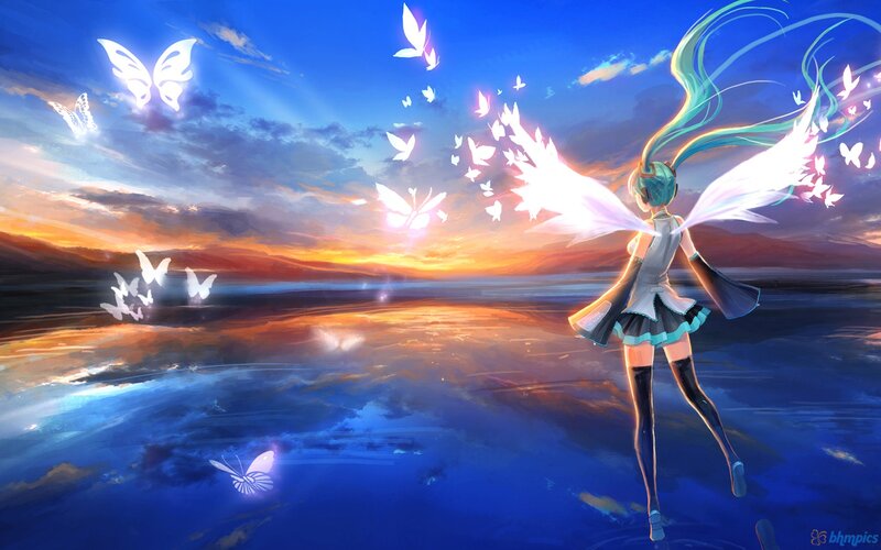 Anime Girl with Butterfly Wings — Blue, Serene, Sunset
