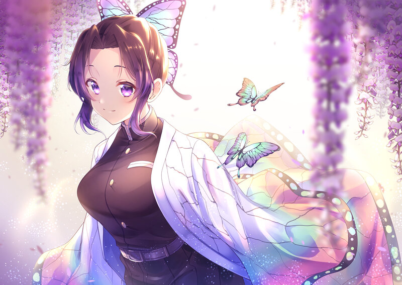 Anime Girl with Butterfly Wings — Purple, Serene, Spring, Digital Art, Butterflies, Wisteria Flowers