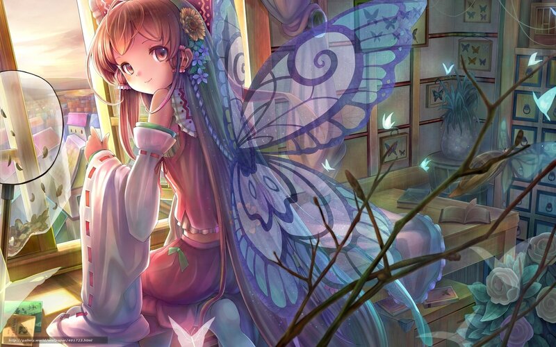 Anime Girl with Butterfly Wings — Purple, Serene, Sunset, Digital Art, Butterfly Wings