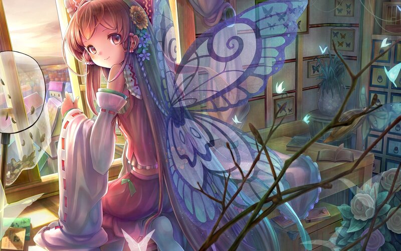 Anime Girl with Butterfly Wings — Purple, Serene, Sunset