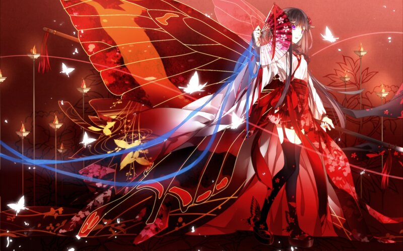 Anime Girl with Butterfly Wings — Red, Dramatic, Night, Digital Art, Fan