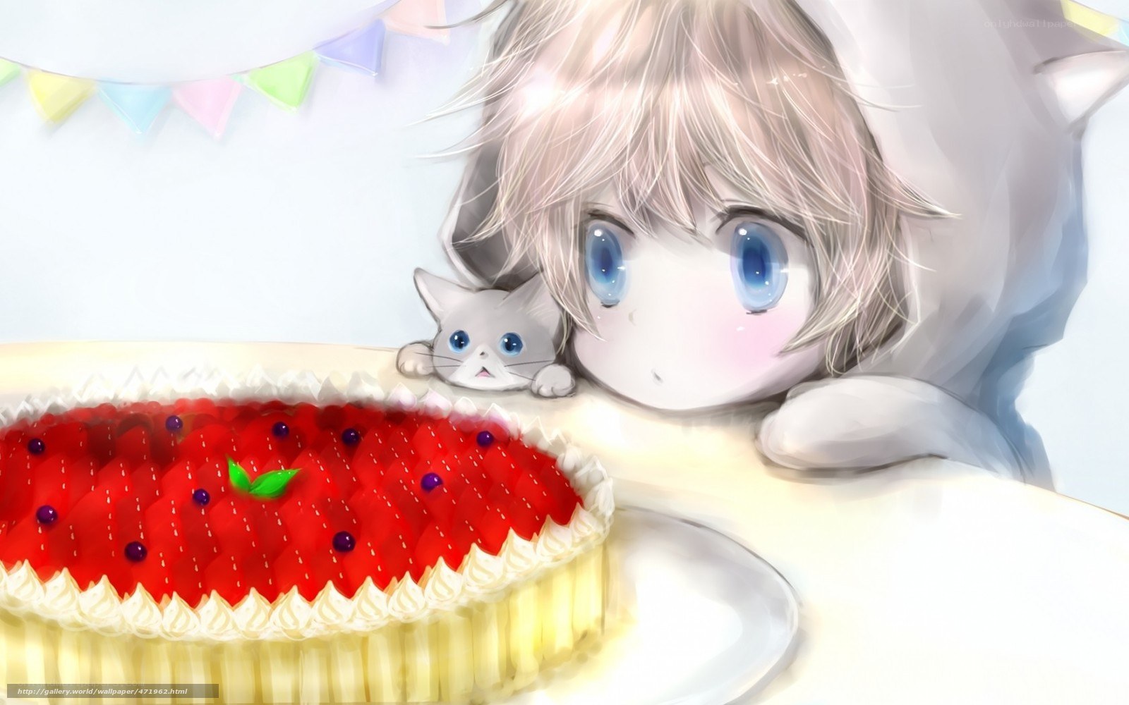 Anime girl with cake and cat