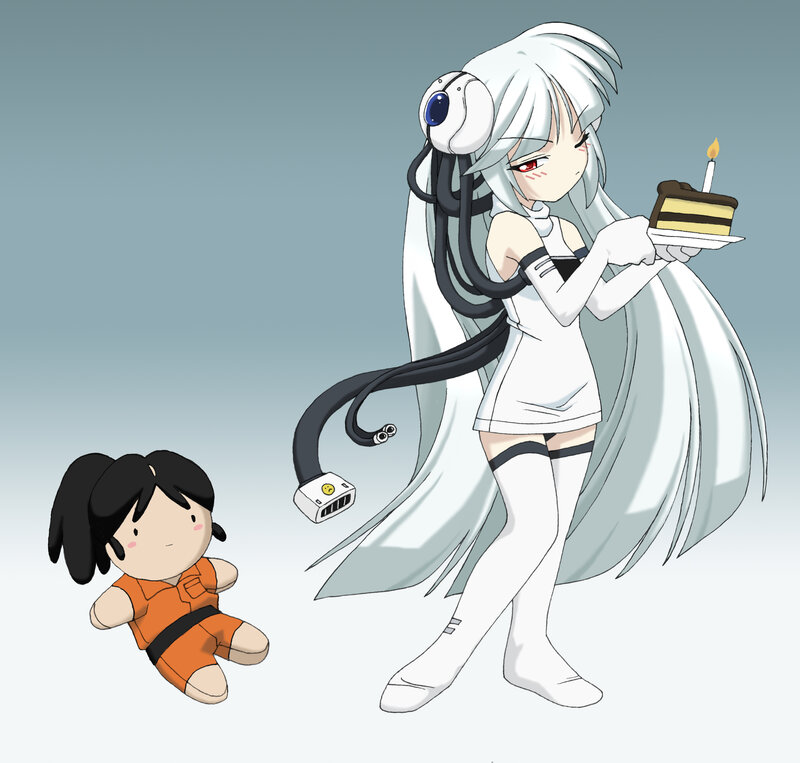 Anime girl with cake and doll