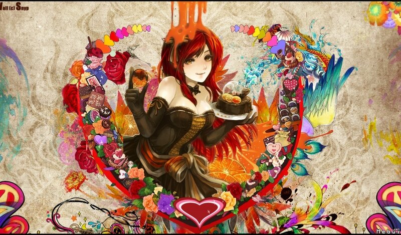 anime girl with cake and flowers