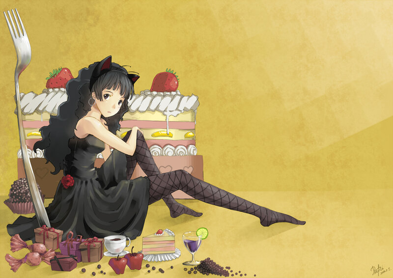 anime girl with cake and sweets