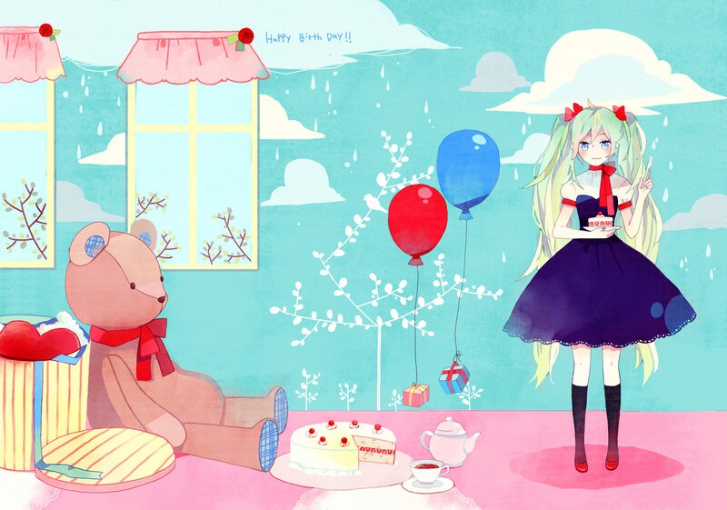 Anime Girl with Cake — Blue, Celebratory