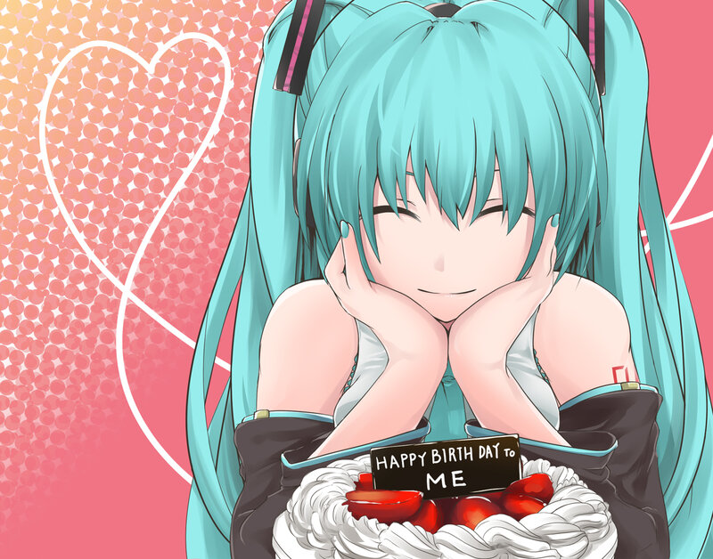 Anime Girl with Cake — Cyan, Happy