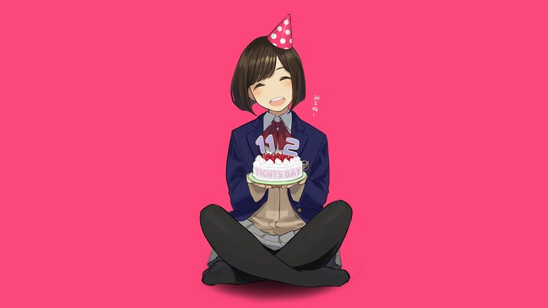 Anime Girl with Cake — Pink, Celebratory, Digital Art, Party Hat