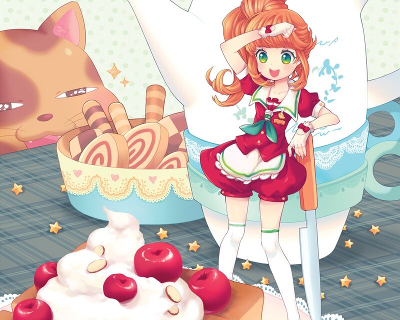 Anime Girl with Cake — Red, Cheerful