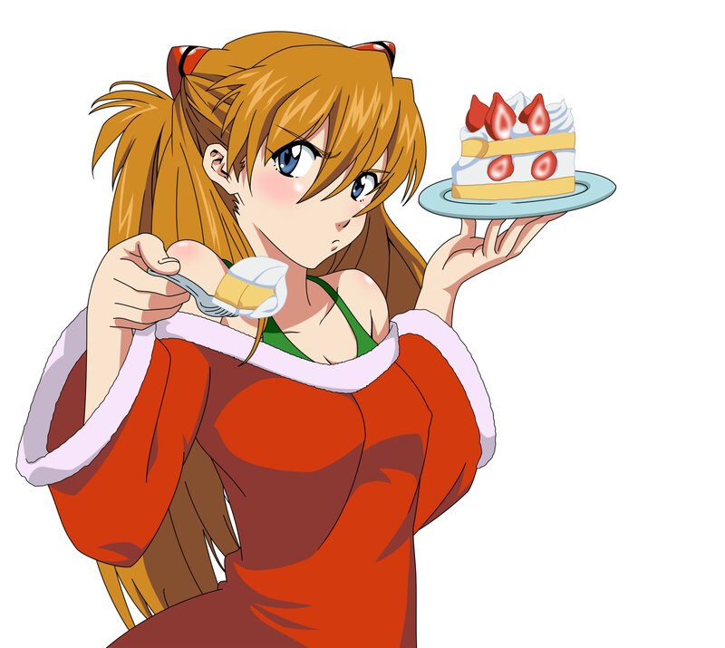 Anime Girl with Cake — Red, Playful, Fork