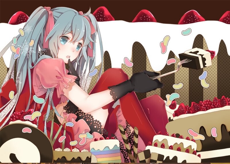 Anime Girl with Cake — Red, Playful