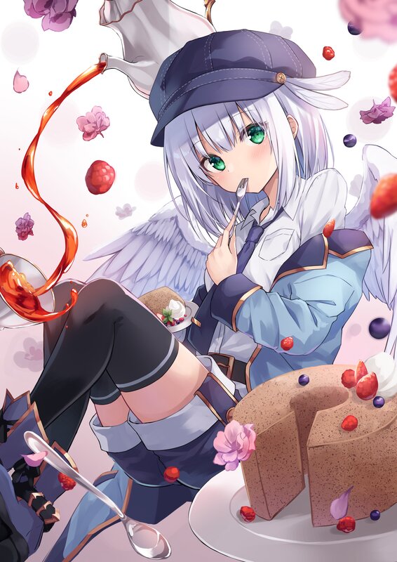 Anime Girl with Cake — White, Playful, Digital Art, Wings