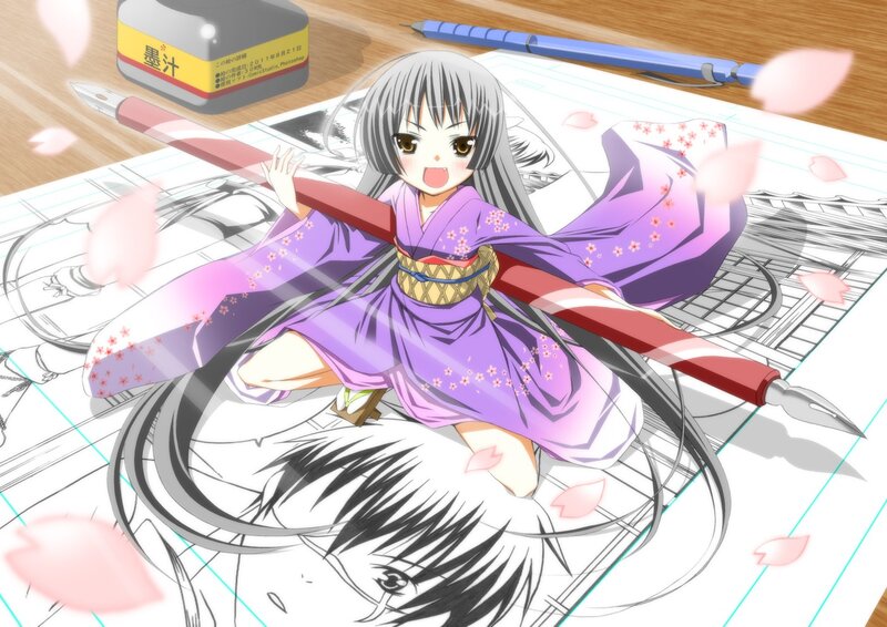 anime girl with calligraphy pen