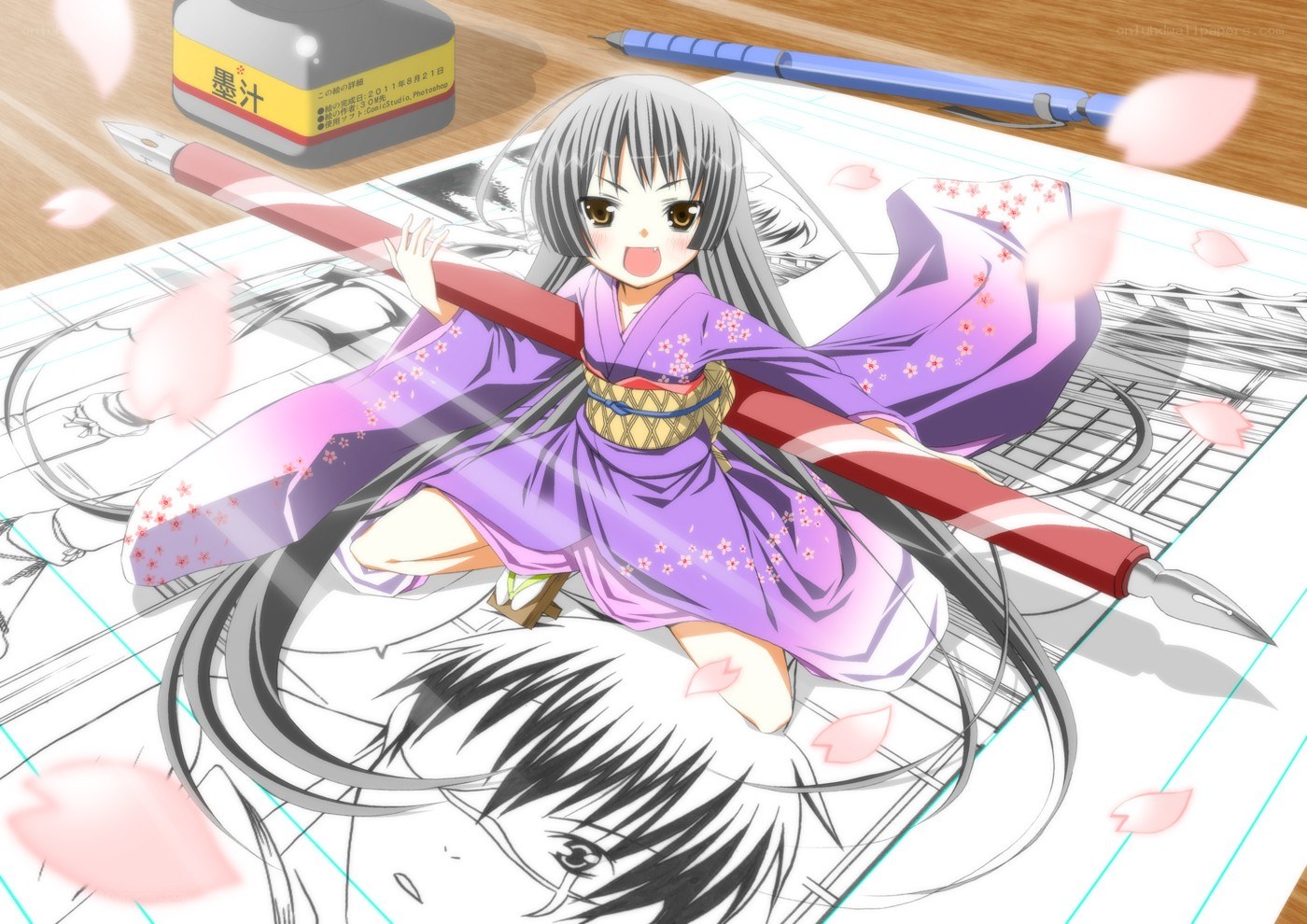 anime girl with calligraphy pen