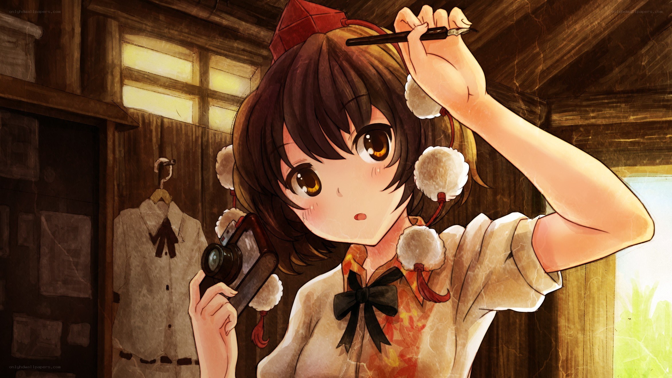 anime girl with camera and brush