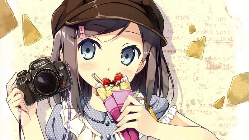 anime girl with camera and dessert