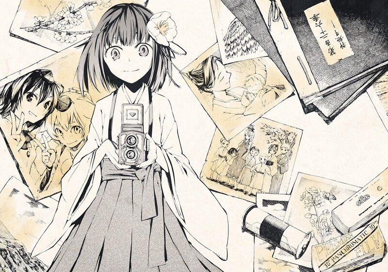 Anime girl with camera and photos