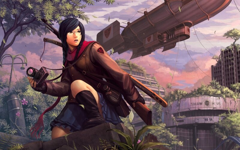 anime girl with camera and rifle