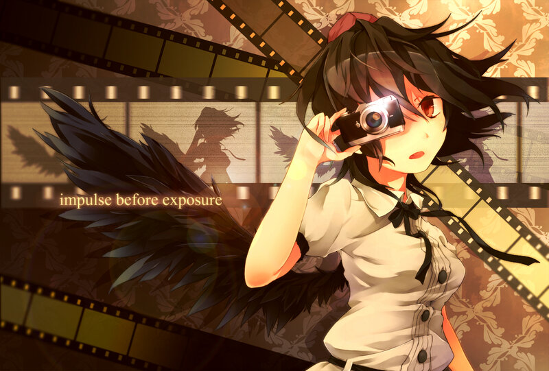 Anime Girl with Camera — Black, Dramatic, Digital Art, Film Strip