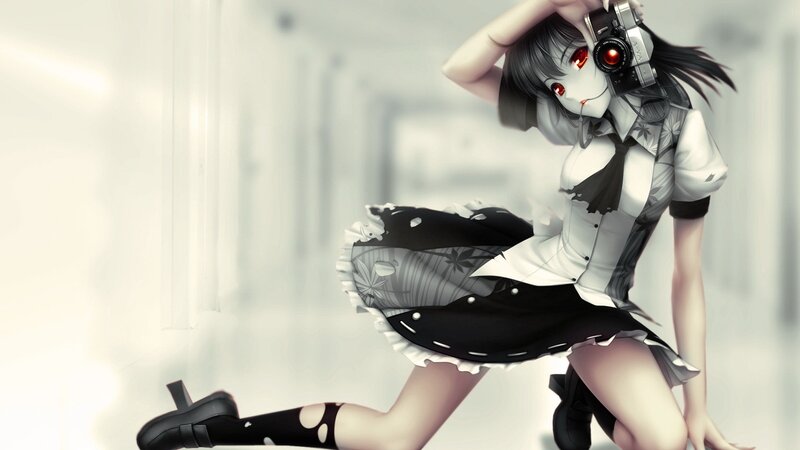 Anime Girl with Camera — Black, Dramatic, Digital Art, Skirt, Headphones