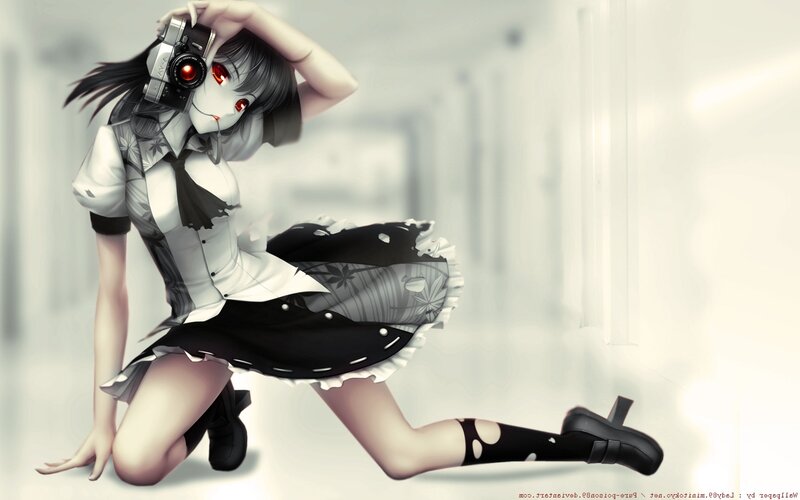Anime Girl with Camera — Black, Dramatic, Digital Art, Skirt, Stockings