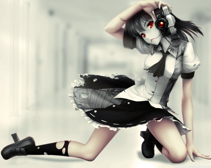 Anime Girl with Camera — Black, Dramatic, Digital Art, Skirt