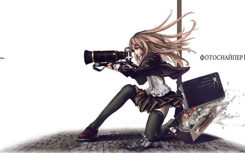 Anime Girl with Camera — Black, Dramatic, Digital Art, Suitcase, Cobblestone