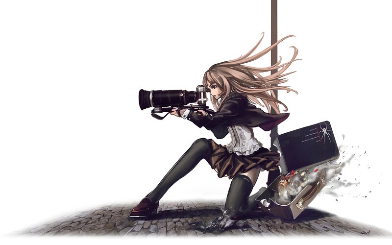 Anime Girl with Camera — Black, Dramatic, Digital Art, Suitcase