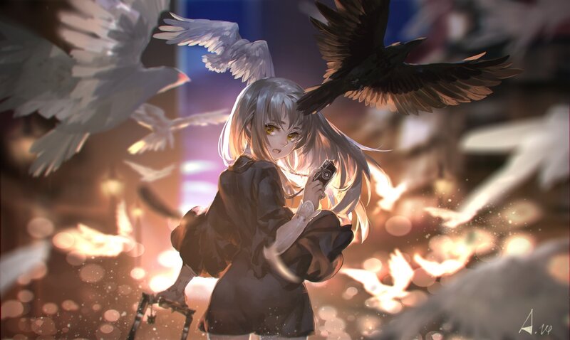 Anime Girl with Camera — Black, Dramatic, Night