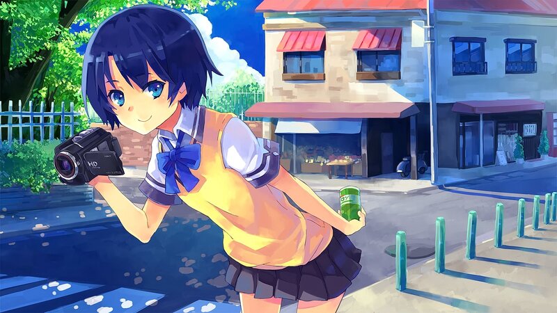 Anime Girl with Camera — Blue, Bright, Afternoon
