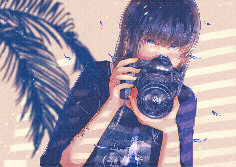 Anime Girl with Camera — Blue, Calm, Afternoon, Digital Art, Palm Shadow
