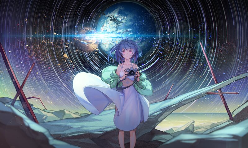 Anime Girl with Camera — Blue, Dramatic