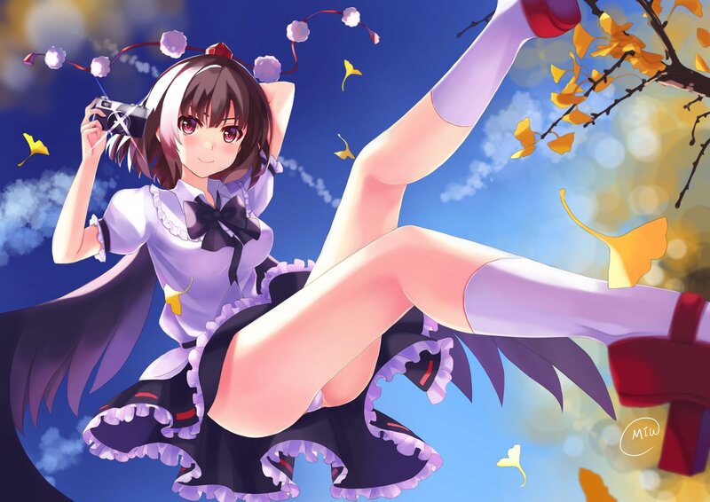 Anime Girl with Camera — Blue, Playful, Autumn