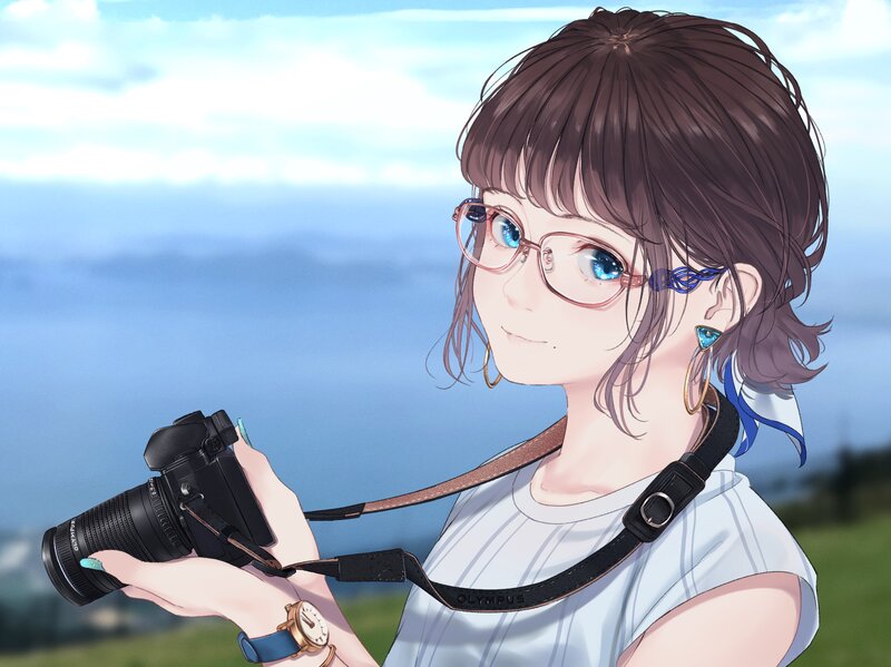 Anime Girl with Camera — Blue, Serene, Afternoon, Digital Art, Glasses