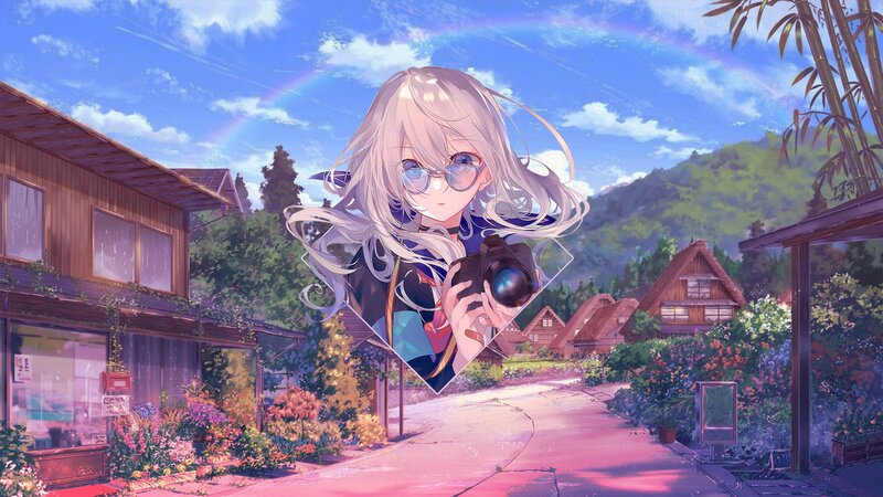 Anime Girl with Camera — Blue, Serene, Afternoon, Digital Art, Rainbow