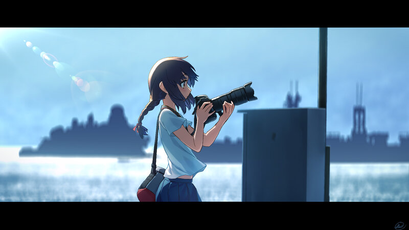 Anime Girl with Camera — Blue, Serene, Afternoon, Digital Art, Sea
