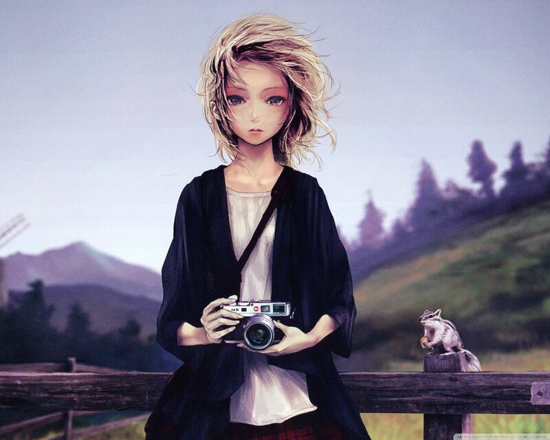 Anime Girl with Camera — Blue, Serene, Afternoon